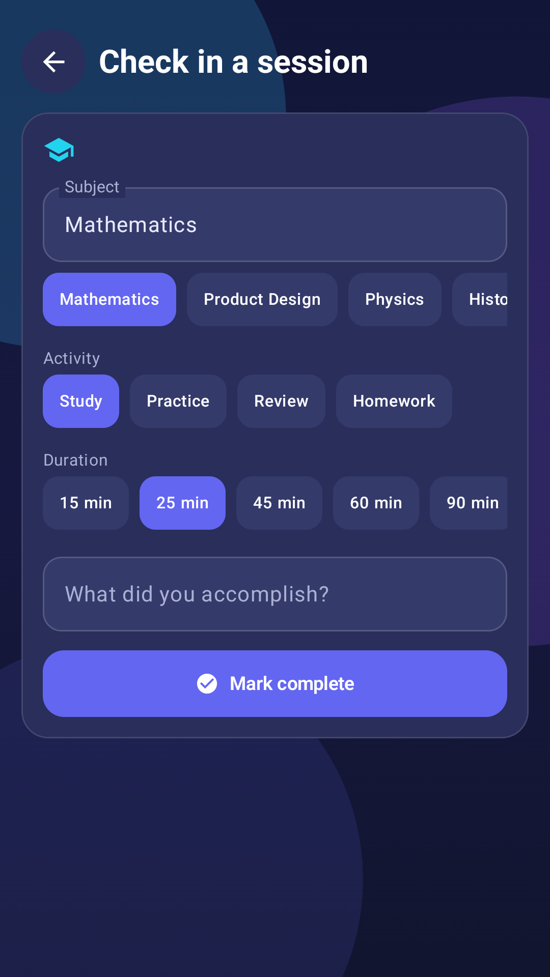 Bright Planner check in screen