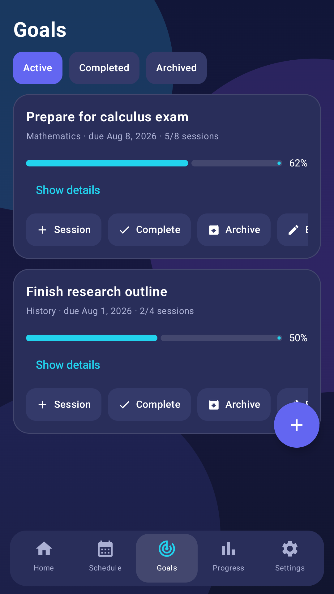 Bright Planner goals screen